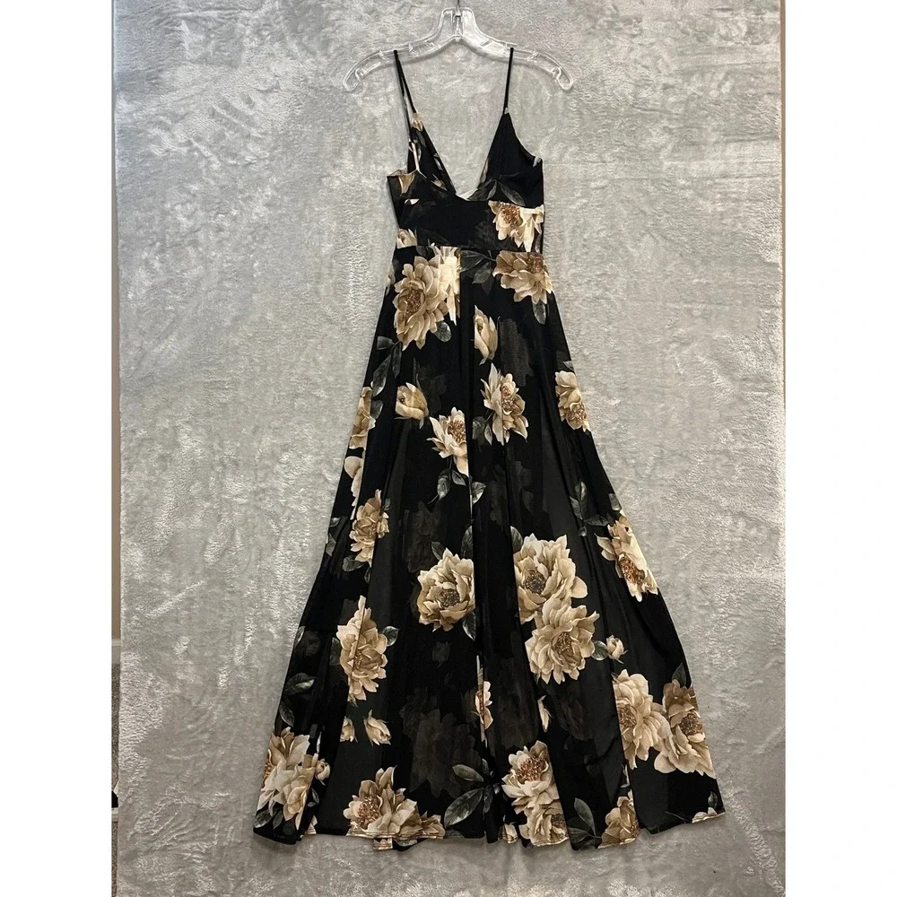 Windsor Maxi Dress Women Size S Black Floral Mesh V-Neck High Slit Formal Gown - Picture 2 of 7